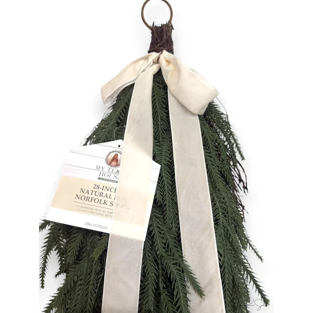 My Texas House Natural Feel Norfolk Christmas Swag Cream Velvet Bow 28